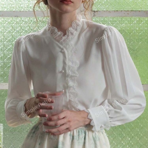 Simple Retro White Pusher Long Sleeve Ruffled Shirt Size 1XL - Picture 7 of 8